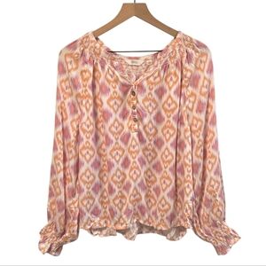 Destination 365 Pink Orange Ikat Modal Split-Neck Smocked Blouse Size Large